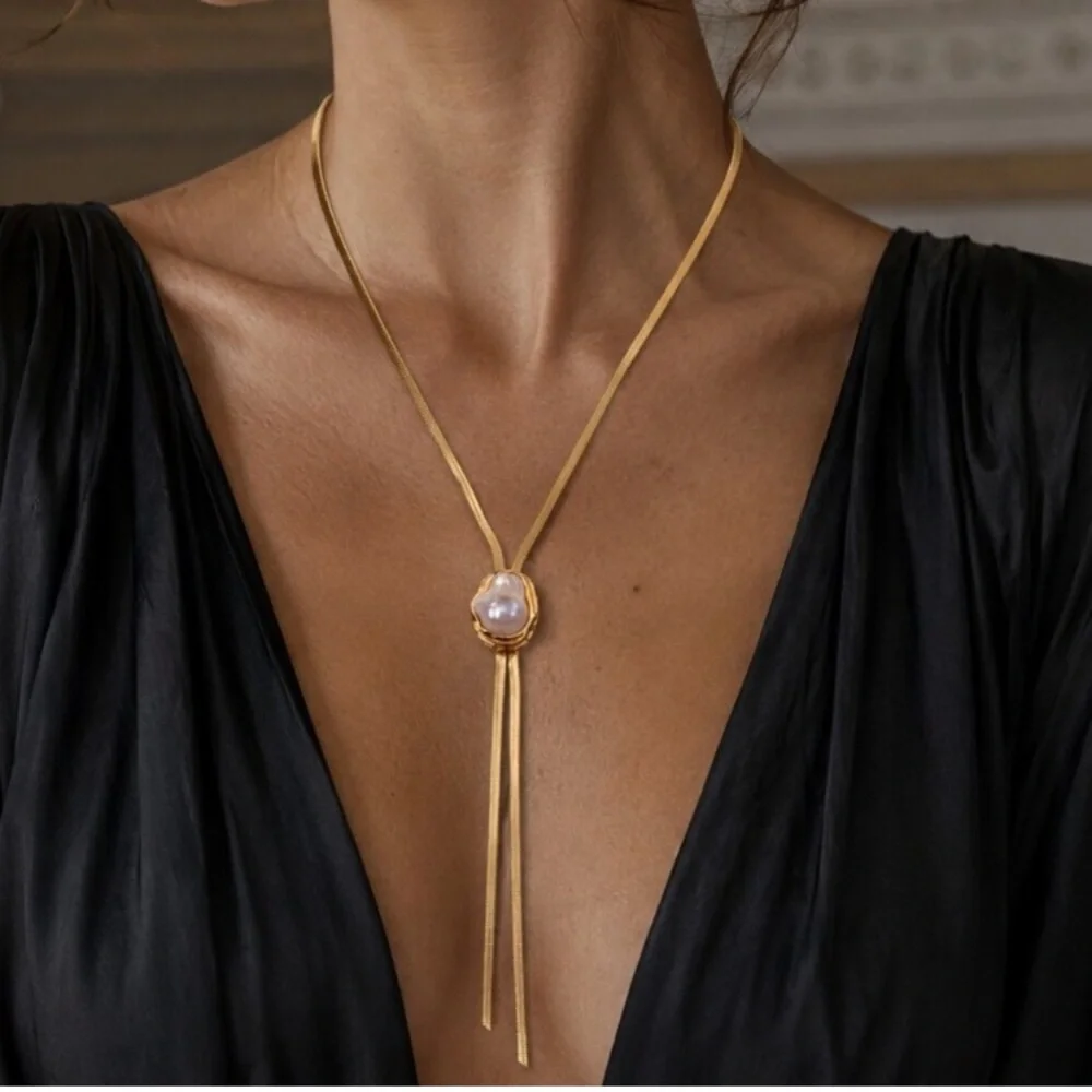24k Gold Plated Baroque Pearl Tassel Necklace new